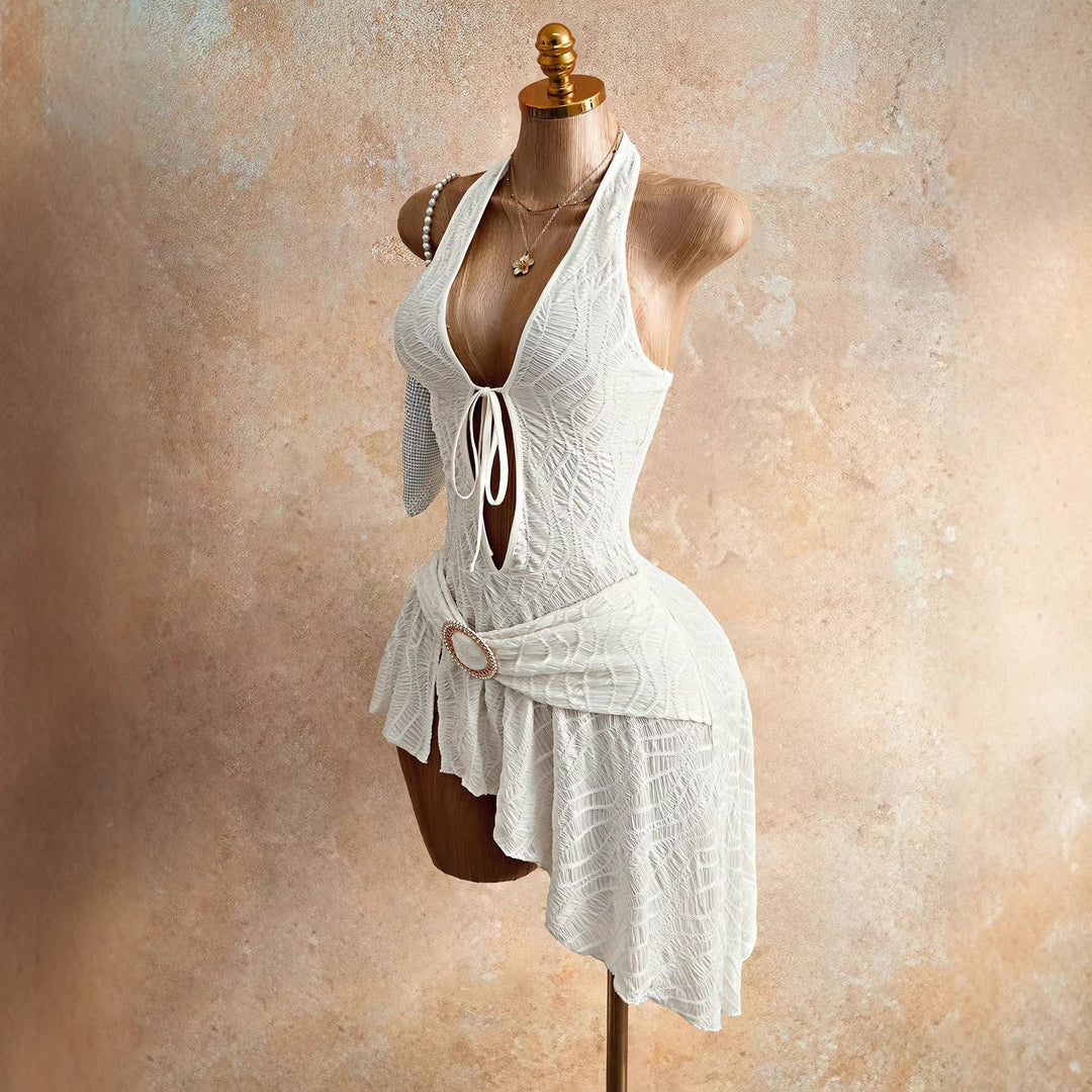 Damen nan figurbetontes Neckholder-Minikleid mit Schnürung, Cut-Out und asymmetrischem Wickelrock Drune
