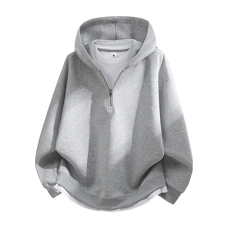 Unisex Oversize-Halbzip-Kapuzenpullover mit Lagen‑Optik, gerundetem Saum & gerippten Bündchen Drune