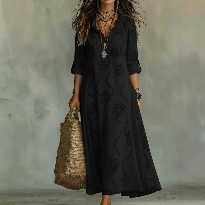 Damen Langes Boho-Maxikleid mit Blumenstickerei und V‑Ausschnitt Drune