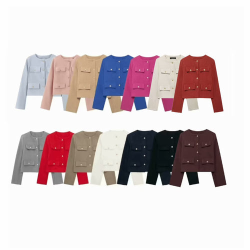 Damen Bouclé-Cropped-Jacke mit vier Pattentaschen und goldenen Schmuckknöpfen Drune