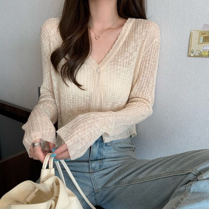 Damen lässige Strickjacke mit dekorativem Knopfdesign und gerippten Abschlüssen