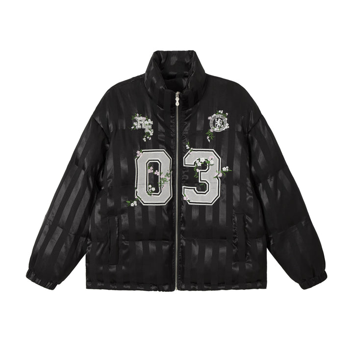 Damen Boxy gesteppte Satin‑Pufferjacke mit floralem Stickdetail Drune