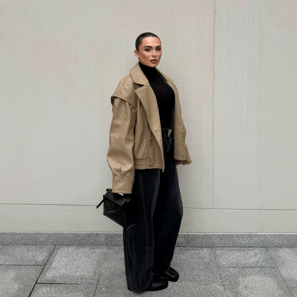 Damen Oversize-Lederimitat-Bomberjacke mit Boxy-Schnitt und weitem Revers Drune