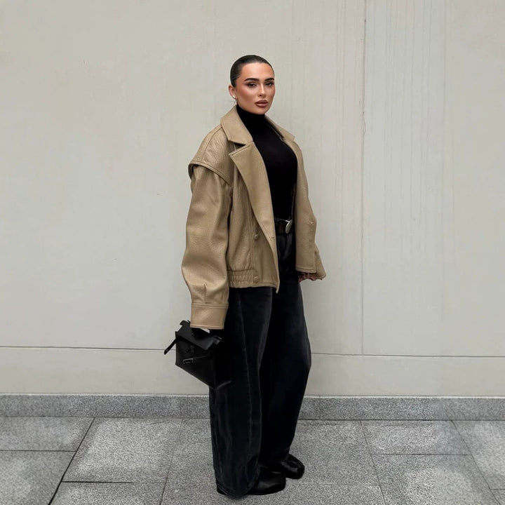Damen Oversize-Lederimitat-Bomberjacke mit Boxy-Schnitt und weitem Revers Drune