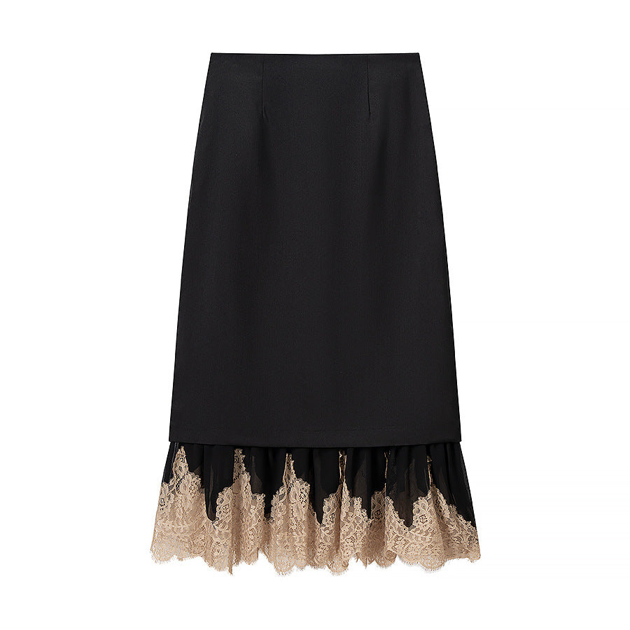 Damen Eleganter Bleistift‑Midirock mit kontrastierender Spitzenunterlage Drune