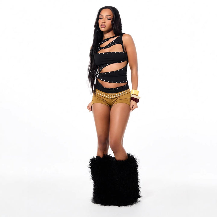 Damen Modisches Cut-Out Top mit Dekorativen Ösen Drune