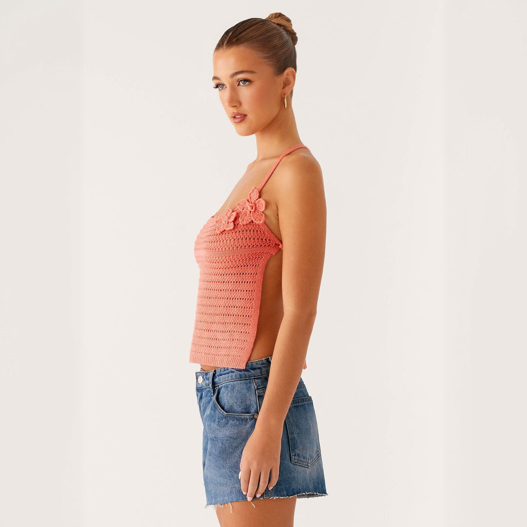 Damen gehäkeltes Top mit floralen Akzenten Drune