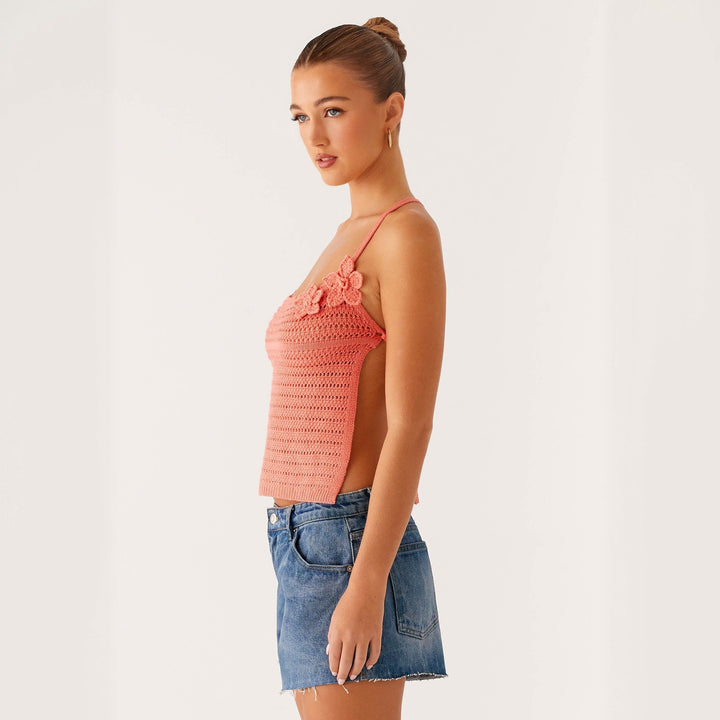 Damen gehäkeltes Top mit floralen Akzenten Drune