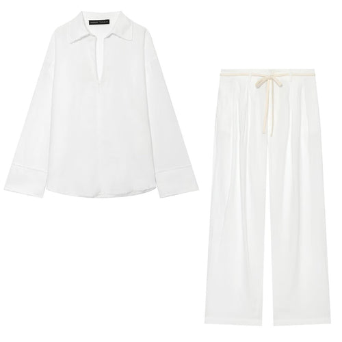 Damen Zweiteiliges Loungewear-Set mit weiter Hemdbluse und fließender Marlene-Hose Drune