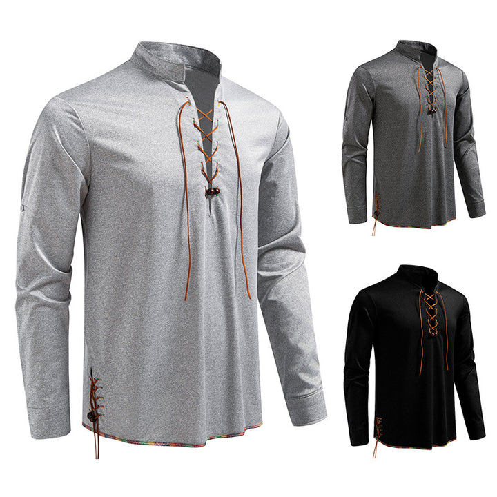 Herren Lässiges Baumwoll-Langarmshirt mit Schnürung, Stehkragen und aufkrempelbaren Ärmeln Drune
