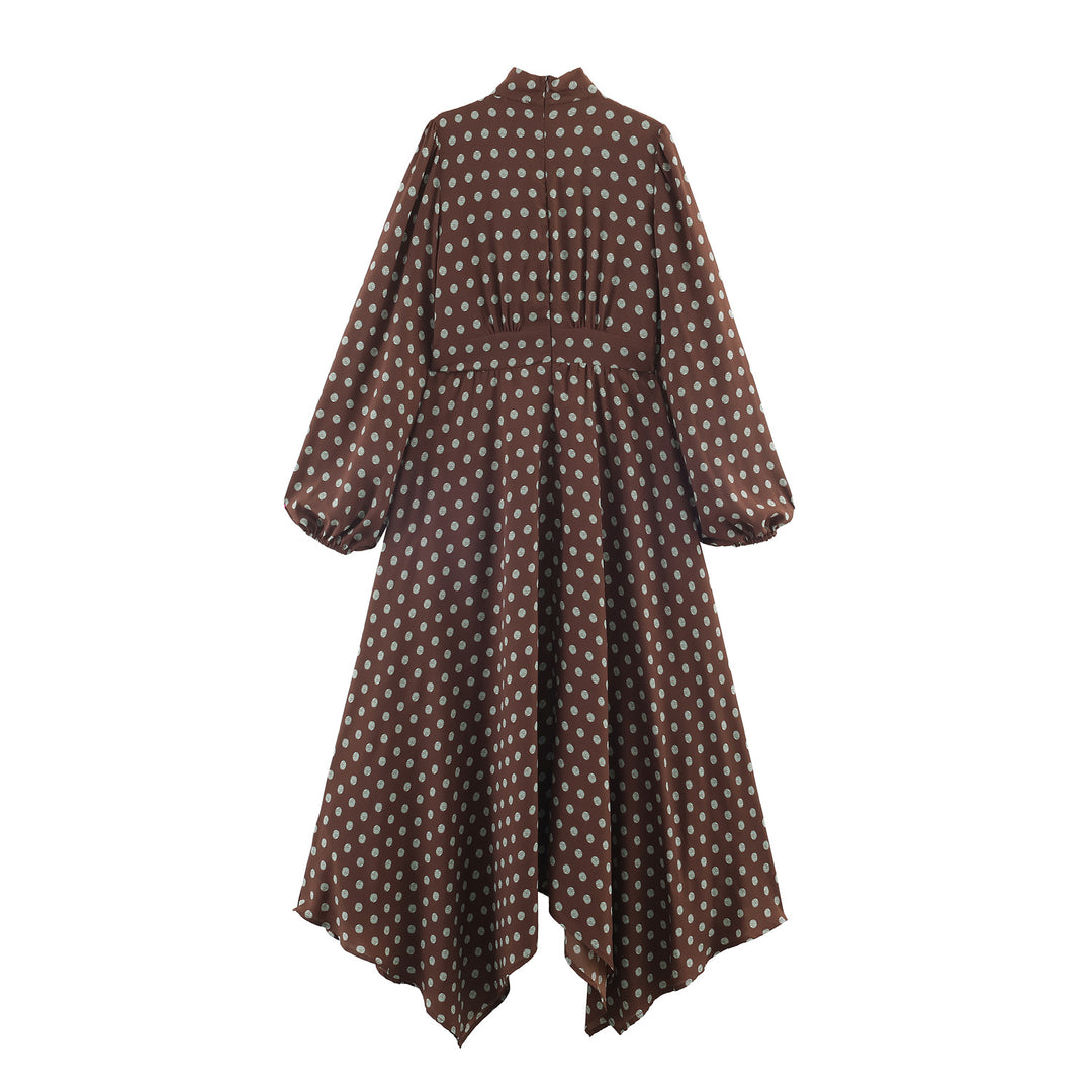 Damen nan gepunktetes Midi Kleid mit Stehkragen, Schleifenband, Plisseeoberteil und asymmetrischem Saum Drune