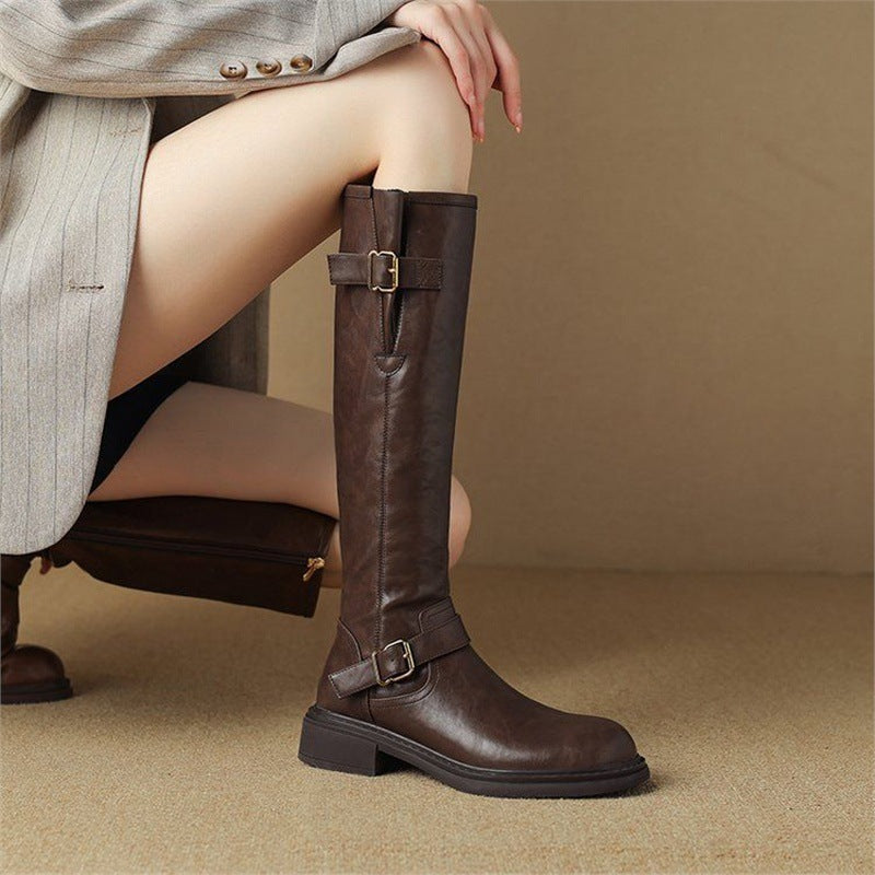 Damen Kniehohe Lederoptik-Stiefel mit verstellbaren Zierschnallen Drune
