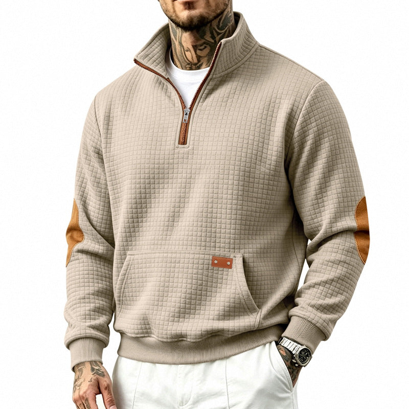 Herren Texturierter Halbzip-Sweat mit Waffelstruktur, Kängurutasche und Leder-Ellbogenbesatz Drune