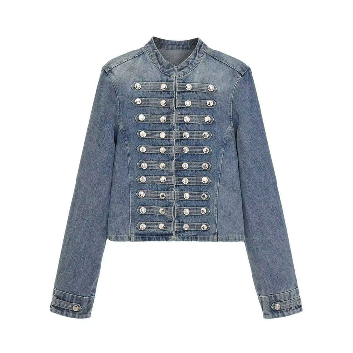 Damen Jeansjacke im Military‑Stil mit Reihenknöpfen und Stehkragen Drune