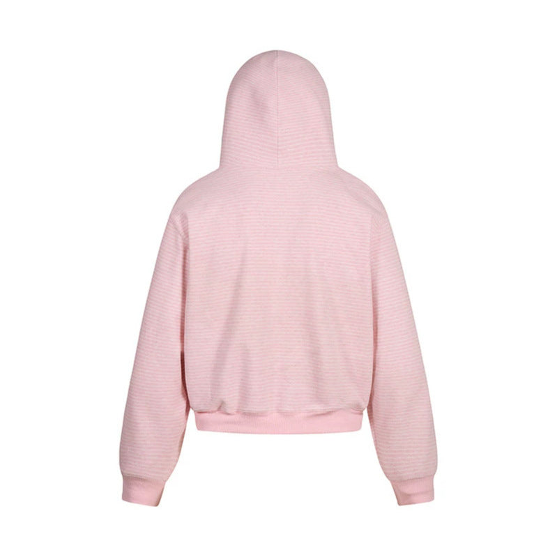 Damen Kurz geschnittene Kapuzen-Sweatjacke mit kurzem Bund, Streifenstruktur und Reißverschluss Drune
