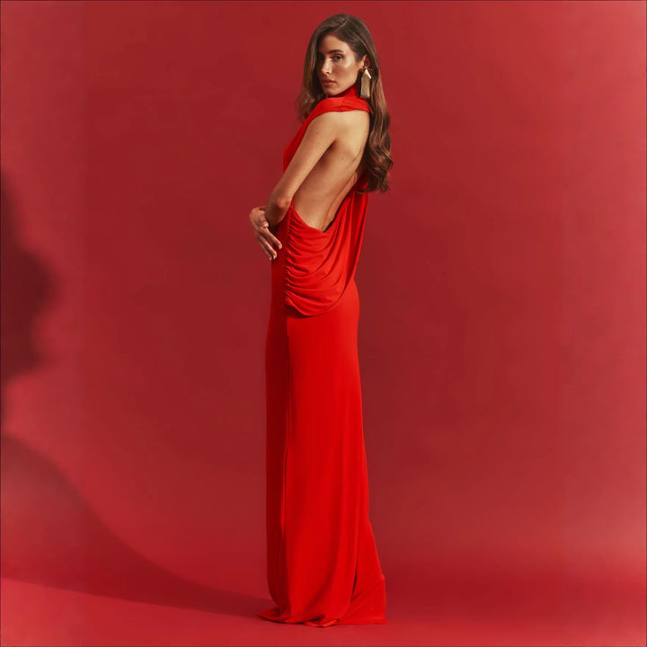 Damen stilvolles Maxikleid mit asymmetrischem Schnitt und hohem Stehkragen Drune