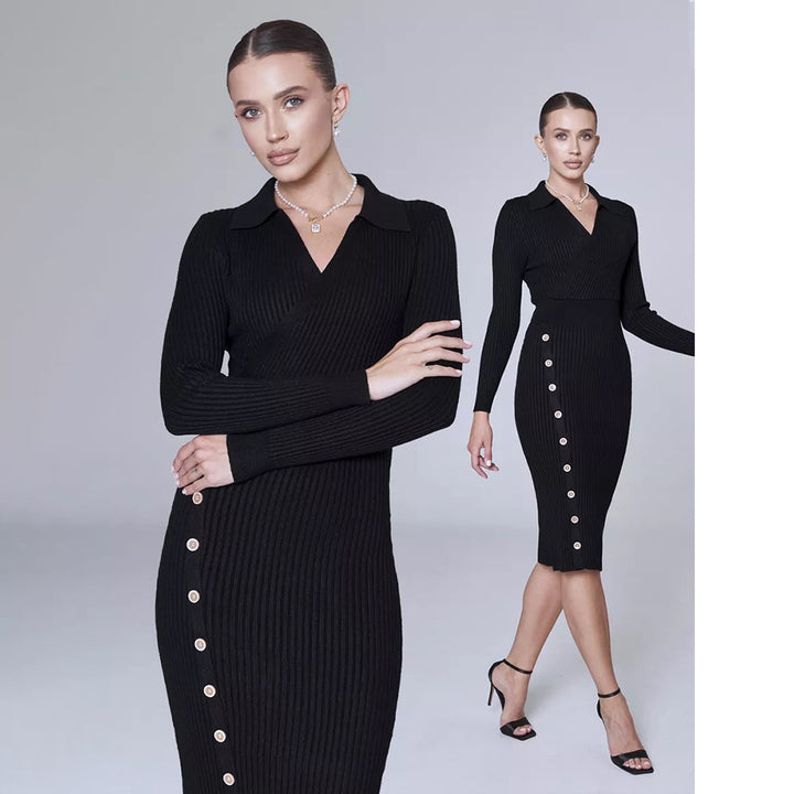 Damen Strickkleid mit Knopfdetails und elegantem V-Ausschnitt Drune