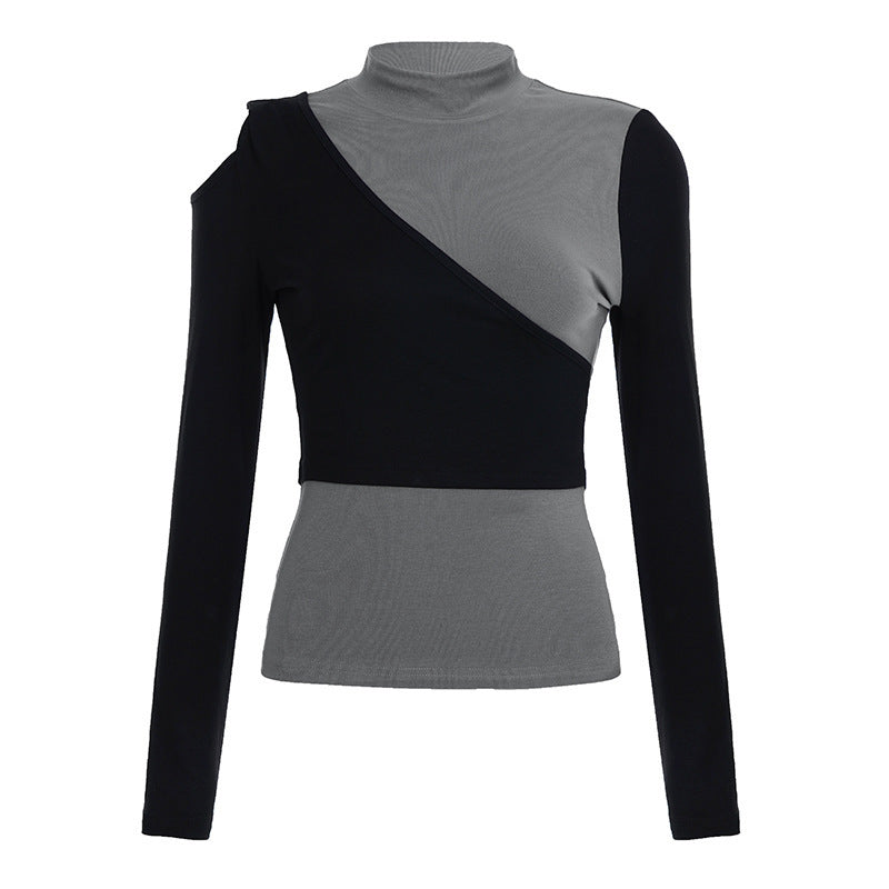 Damen Asymmetrisches Langarmtop mit Stehkragen, Cut-Out‑Schulter und Lagenoptik Drune