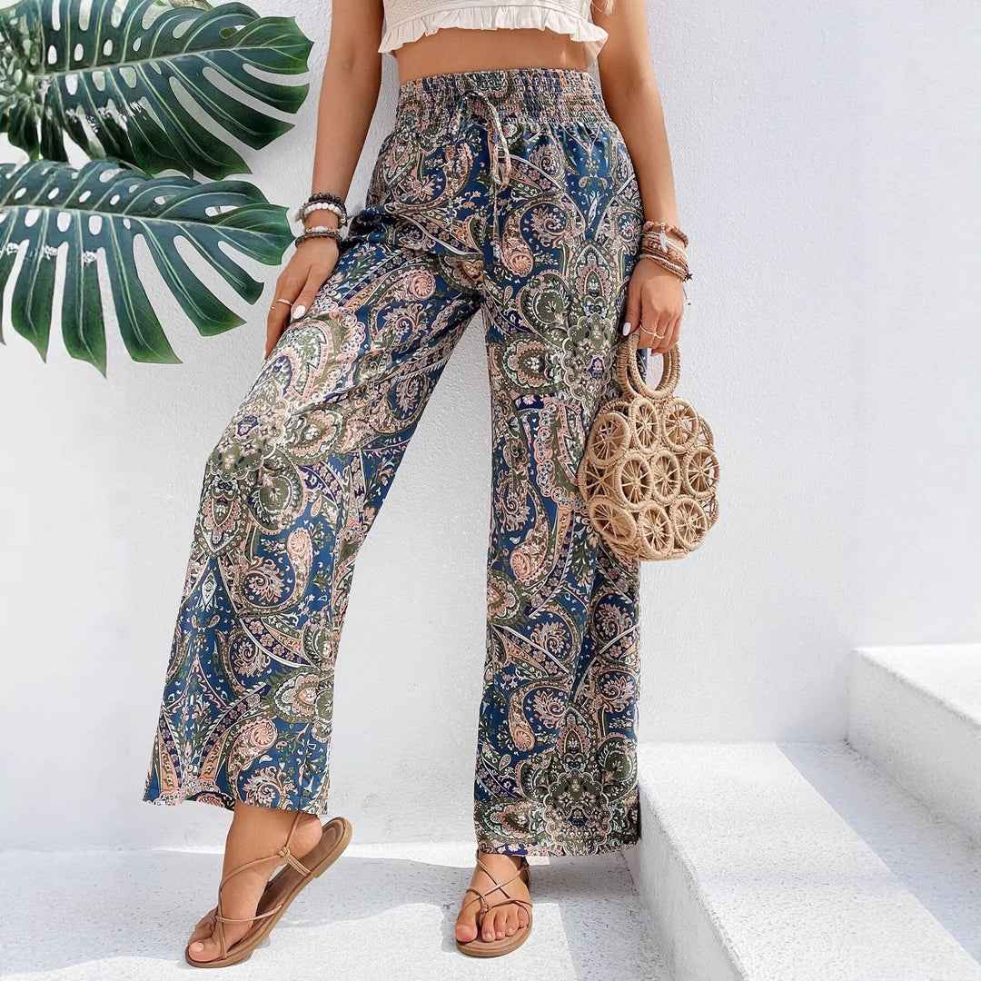 Damen Palazzo-Hose mit weitem Bein, elastischem Smockbund und Paisley-Print Drune