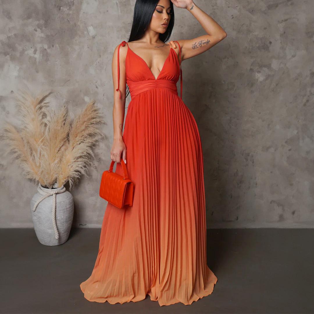 Damen Maxikleid mit tiefem V-Ausschnitt und elegantem Falten-Design Drune