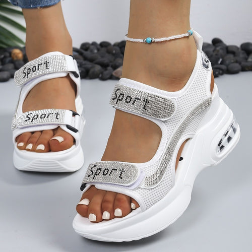 Damen Sportliche Plateausandalen mit Mesh-Obermaterial, Klettverschluss und Ziersteinen Drune