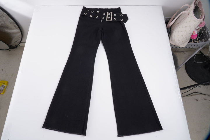 Damen High‑Waist Schlaghose aus Stretch‑Denim mit Ösengürtel Drune