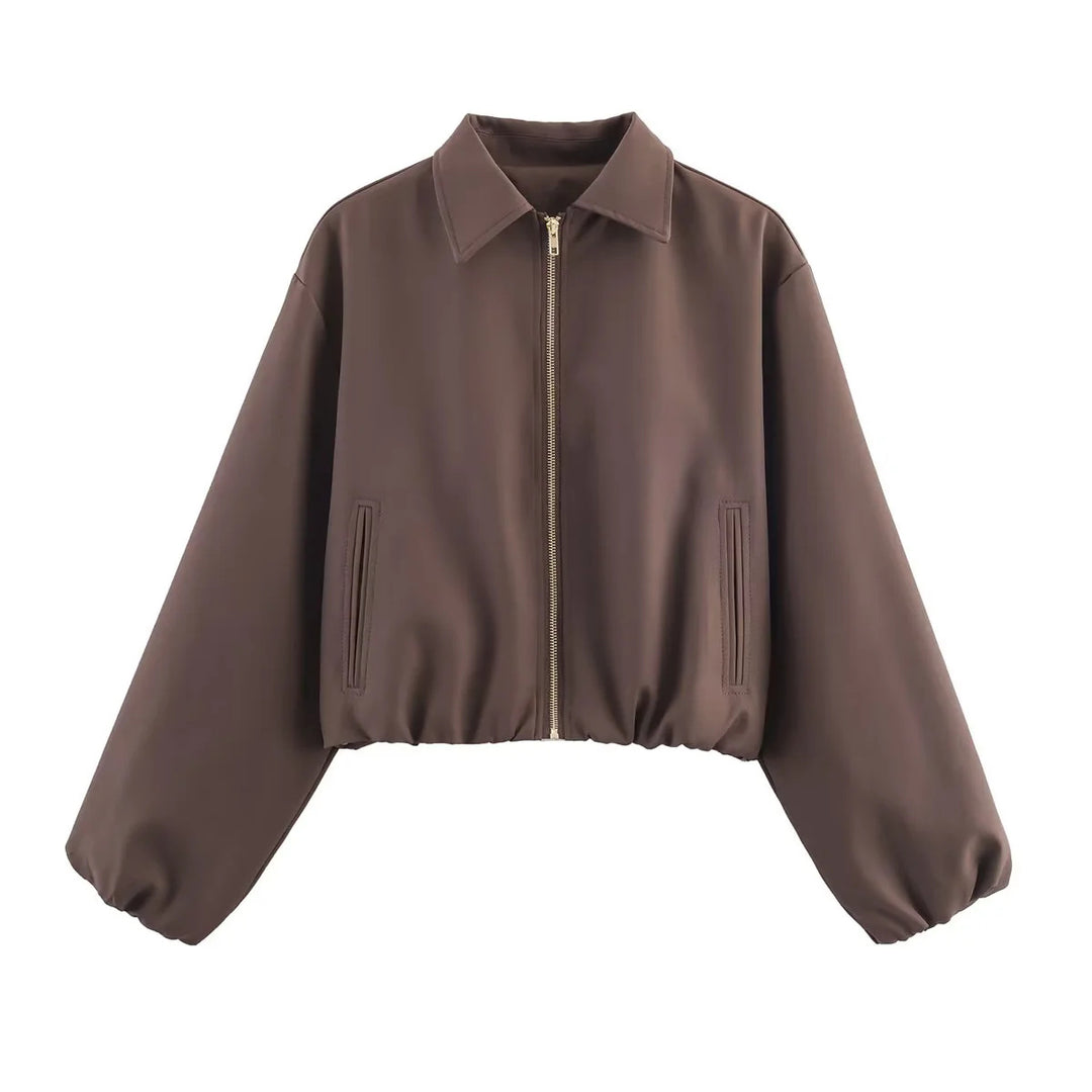 Damen nan cropped Blousonjacke mit Reißverschluss, Hemdkragen, Eingrifftaschen und elastischem Saum Drune