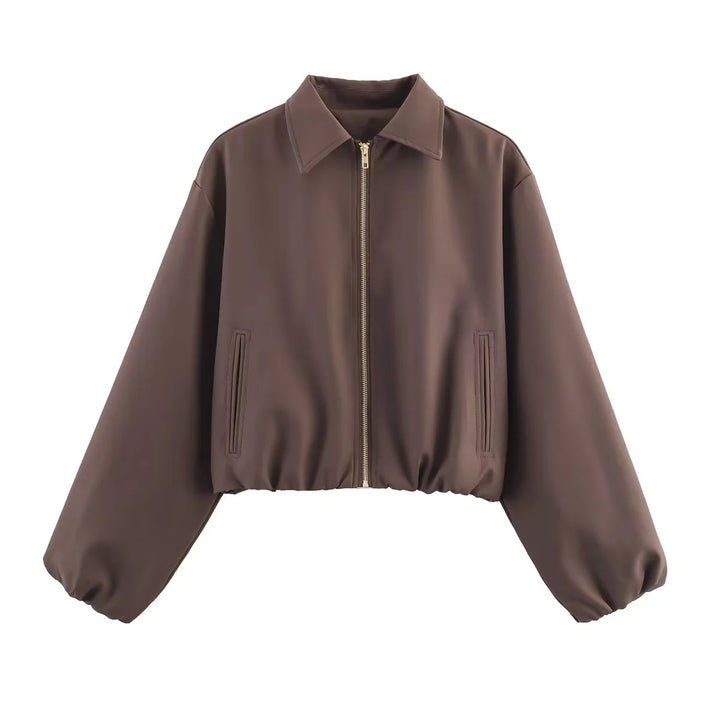 Damen nan cropped Blousonjacke mit Reißverschluss, Hemdkragen, Eingrifftaschen und elastischem Saum Drune