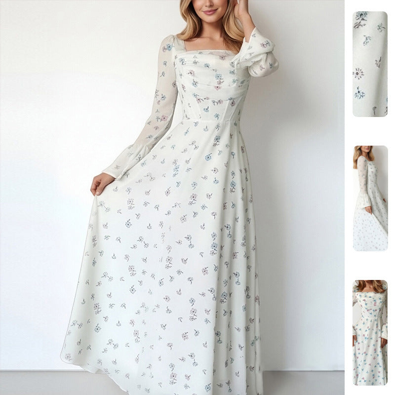 Damen Elegantes Maxikleid mit floralen Applikationen und voluminösen Ärmel Drune