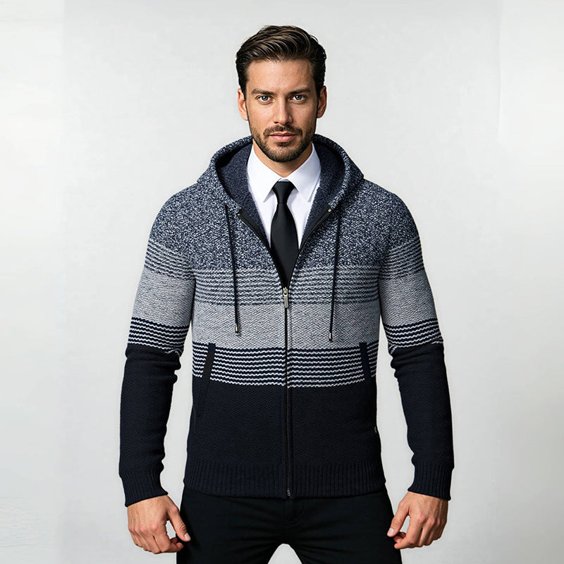 Herren Kapuzen-Strickzipjacke mit farbverlaufendem Blockstreifenmuster und thermischer Struktur Drune