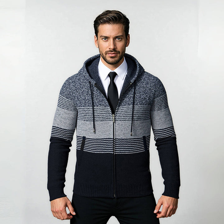 Herren Kapuzen-Strickzipjacke mit farbverlaufendem Blockstreifenmuster und thermischer Struktur Drune