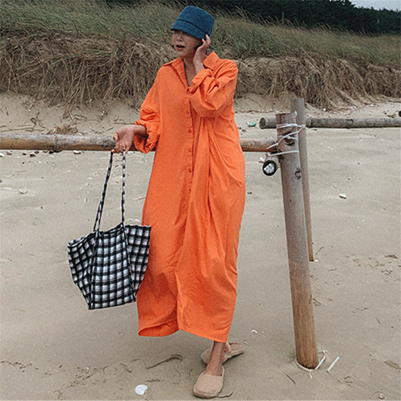 Damen Oversize-Hemdmaxikleid mit durchgehender Knopfleiste und weitem Fall Drune