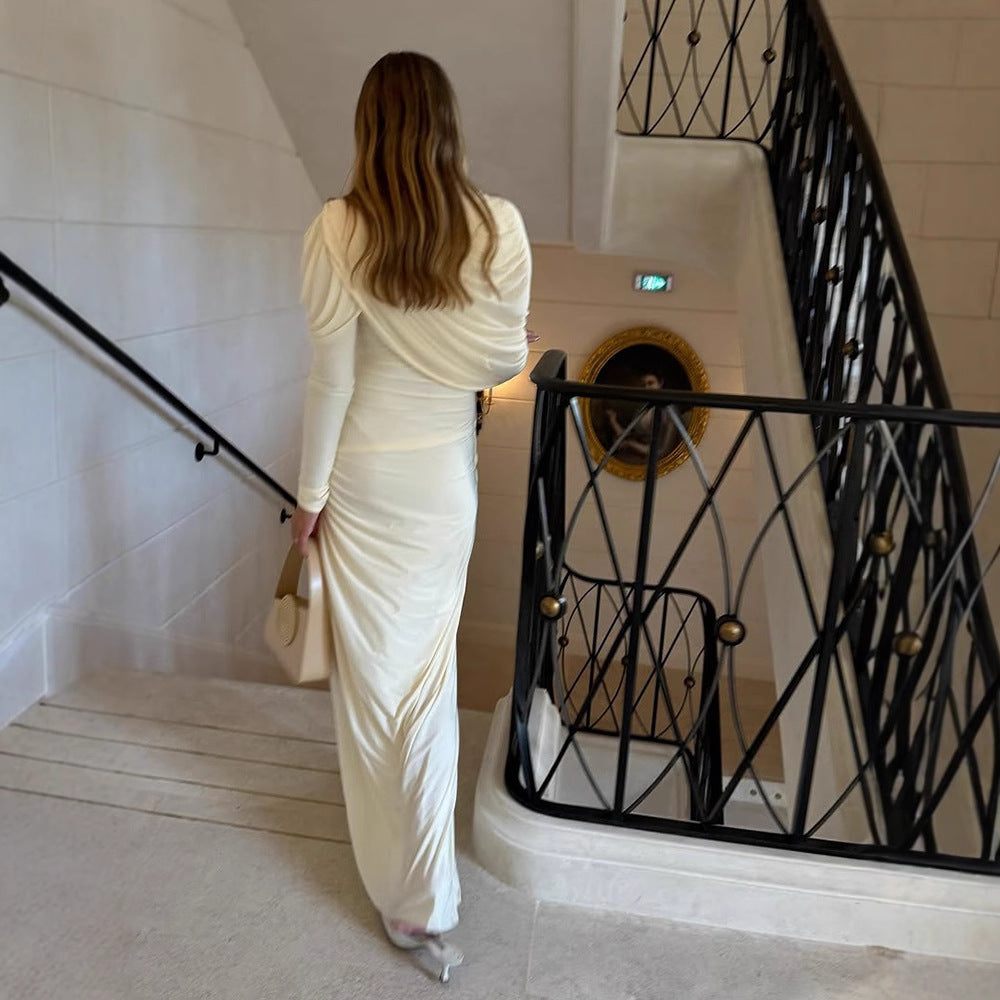 Damen Plissiertes Maxi-Abendkleid mit drapierten Schultern und langen Ärmeln Drune