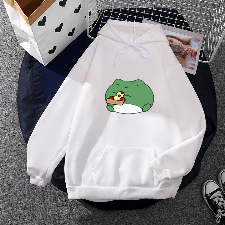 Damen nan gemütlicher Kapuzenpullover mit kawaii Frosch‑Pizza‑Motiv und oversized Relax‑Fit Drune