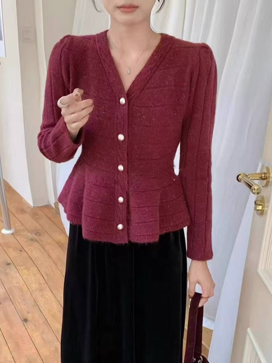 Damen elegante Strickjacke mit strukturiertem Design und femininen Puffärmeln Drune