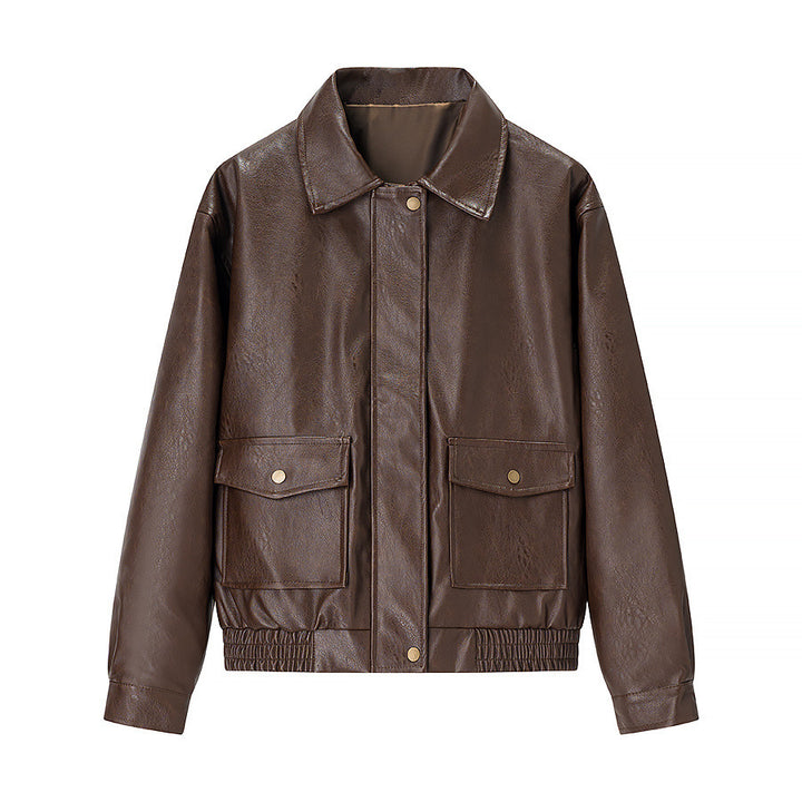 Damen nan kastige Kunstleder‑Fliegerjacke mit Hemdkragen, aufgesetzten Pattentaschen und elastischem Saum Drune