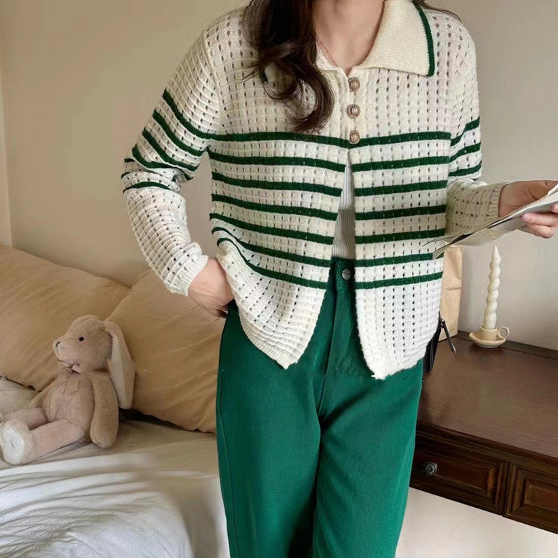Damen Strickcardigan mit maritimem Streifenmuster und Knopfdetails Drune