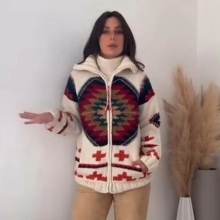 Damen Jacquard-Strickjacke mit Navajo‑Muster, Reißverschluss und hohem Kragen Drune