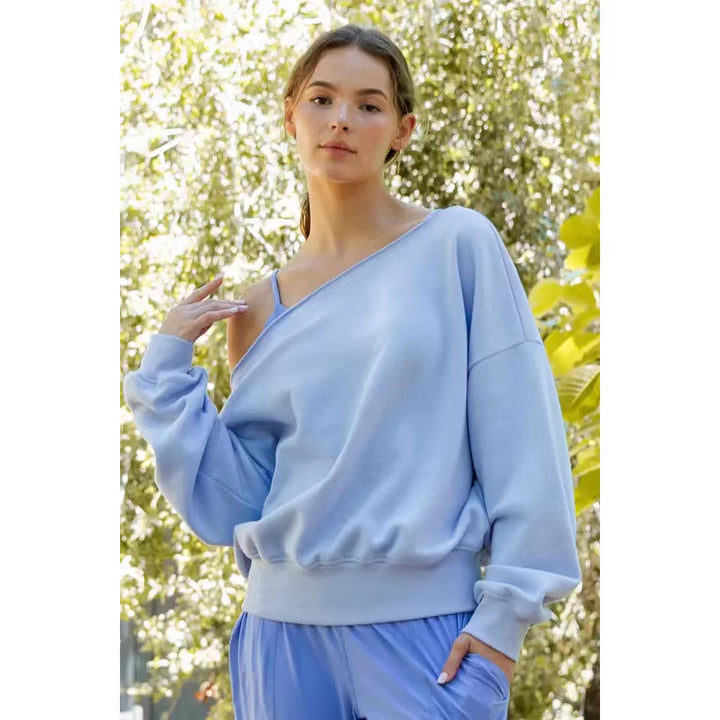 Damen lässiger Oversized Sweatshirt mit asymmetrischem Ausschnitt und hohen Bündchen Drune