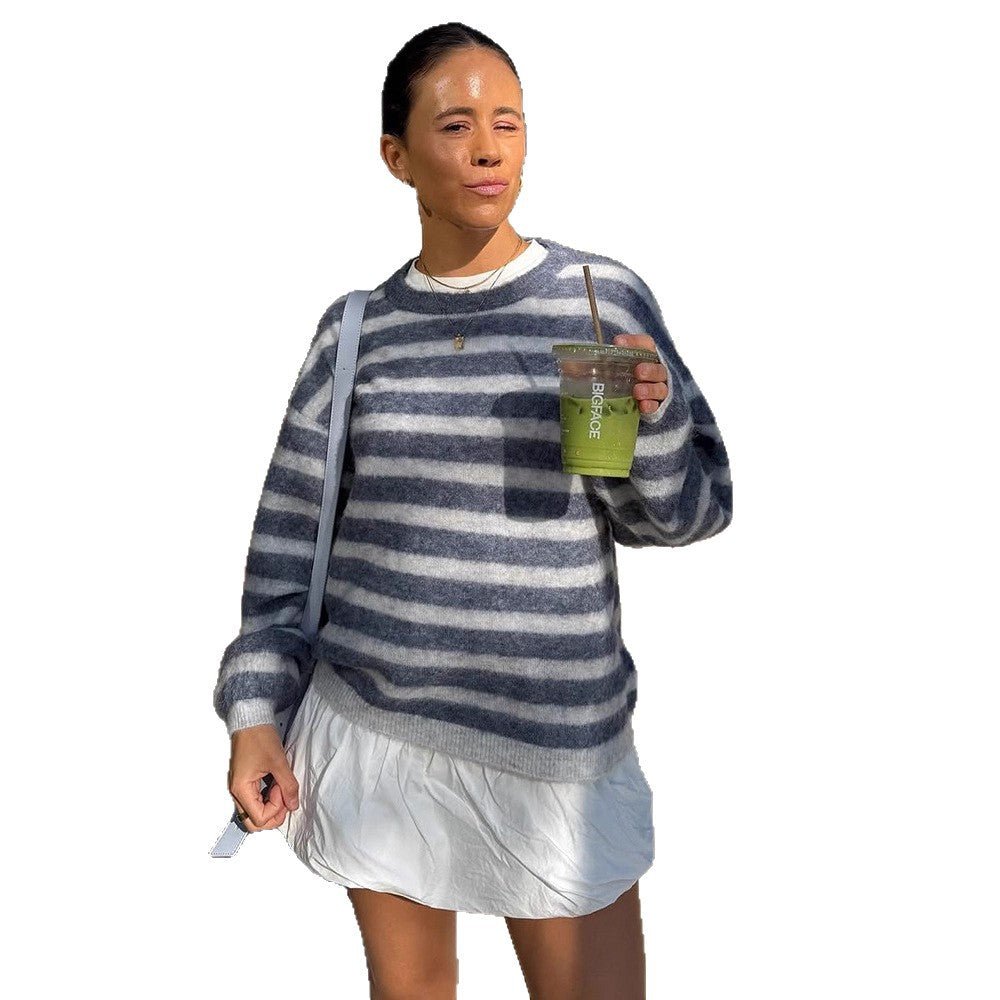 Damen Gestreifter Mohair-Mix Oversize-Pullover mit Ballonärmeln Drune
