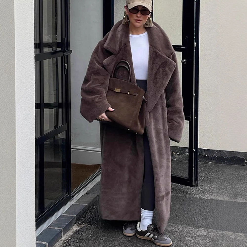 Damen Oversize Kunstfell-Maximantel mit weitem Revers Drune