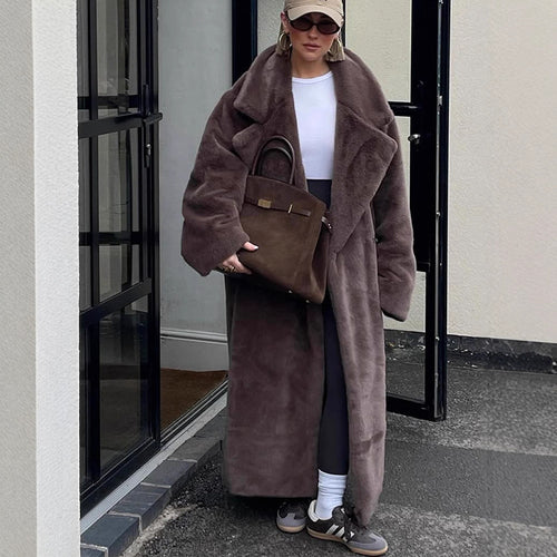 Damen Oversize Kunstfell-Maximantel mit weitem Revers Drune