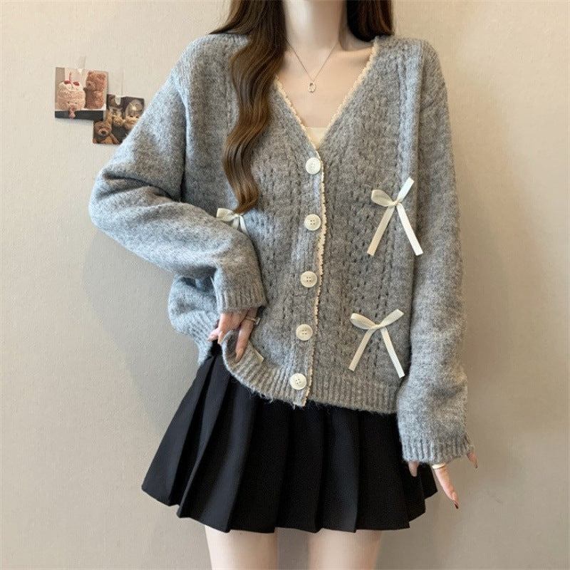 Damen gemütlicher Strickcardigan mit Schleifen Drune