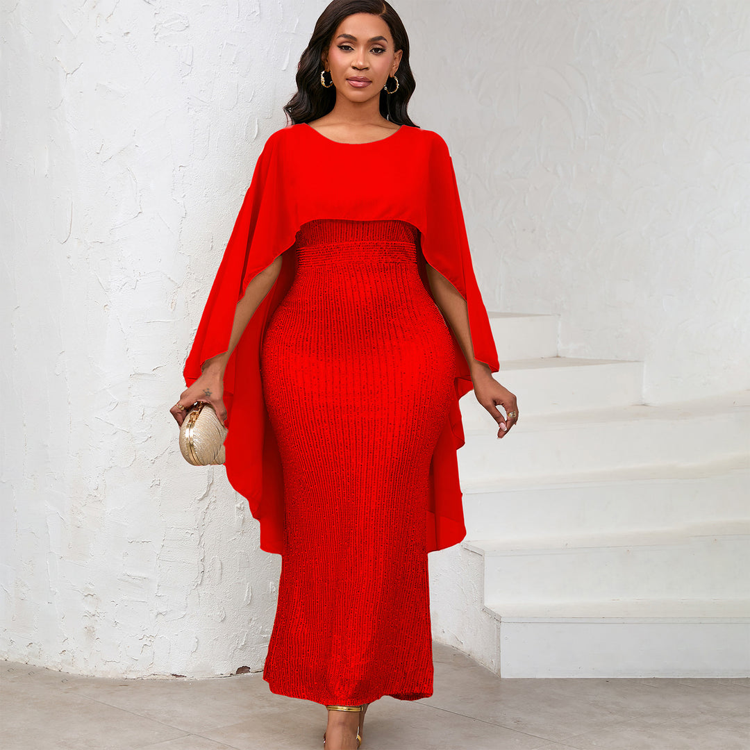 Damen Glamouröses Abendkleid mit schimmernden Pailletten und Cape Drune