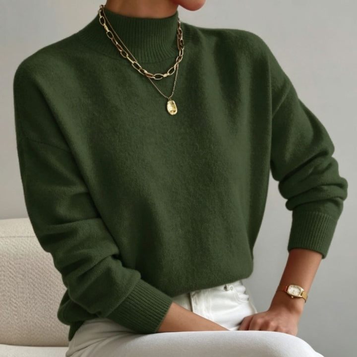 Damen kuscheliger Feinstrickpullover mit Stehkragen und überschnittener Schulter Drune