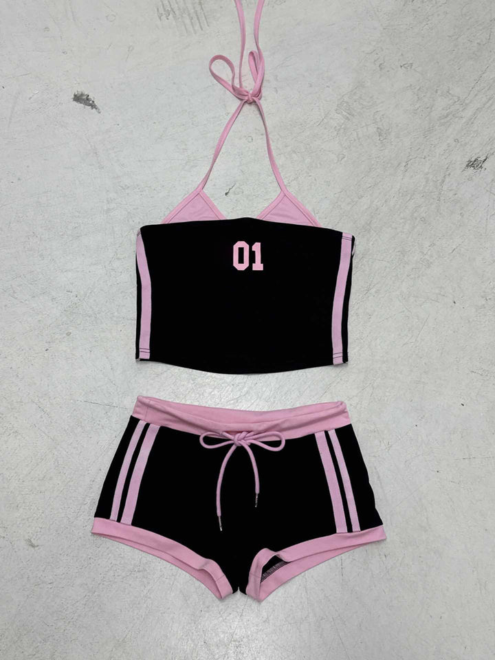 Damen sportliches Crop-Top und Shorts Set mit dekorativem Bindeband Drune