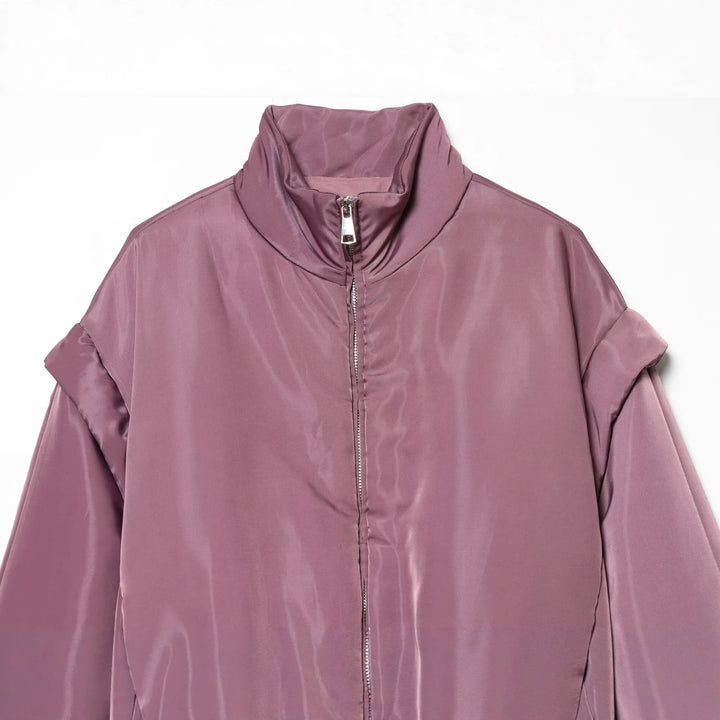 Damen Glänzende Cropped Bomberjacke mit Stehkragen und elastischem Bund Drune