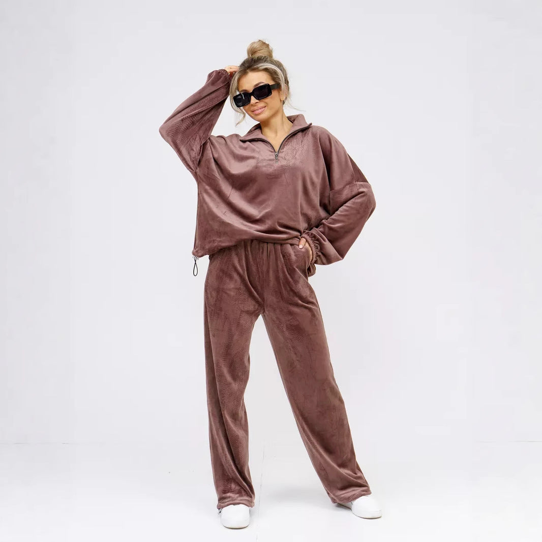 Damen samtiges zweiteiliges Lounge-Set mit Kapuzen-Halbzip und elastischer Bundhose Drune