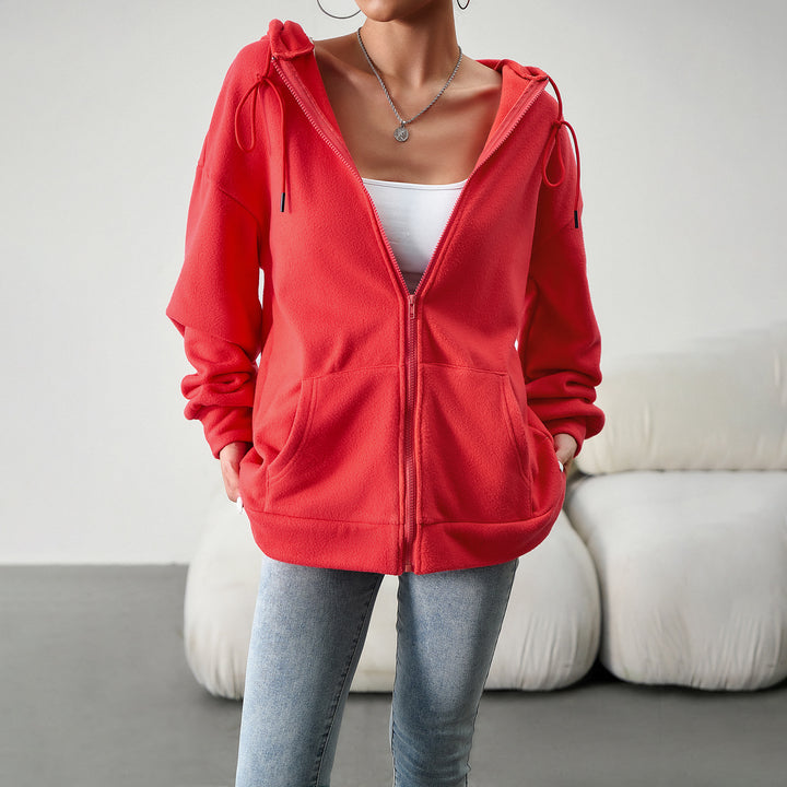 Damen nan kuscheliger Teddy-Fleece Zip-Hoodie mit Kapuze, tiefer Schulterpassform und Kängurutaschen Drune