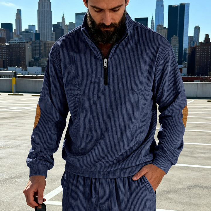 Herren Cord-Struktur-Halbzip-Pullover im Relaxed-Fit mit Stehkragen und Ellbogen-Patch Drune